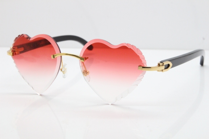 Cartier Rimless 3524012 Heart Black Buffalo Horn Sunglasses in Gold Red Lens