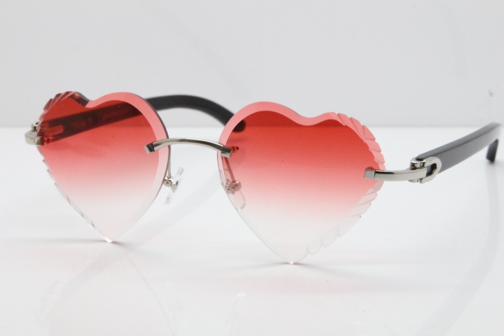 Cartier Rimless 3524012 Heart Black Buffalo Horn Sunglasses in Gold Red Lens