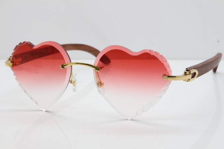 Cartier Rimless 3524012 Heart Original Pear Wood Sunglasses In Gold Red Lens