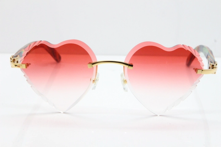 Cartier Rimless 3524012 Heart Original Peacock Wood Sunglasses In Gold Red Lens