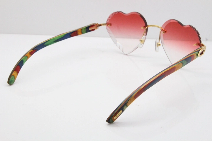 Cartier Rimless 3524012 Heart Original Peacock Wood Sunglasses In Gold Red Lens