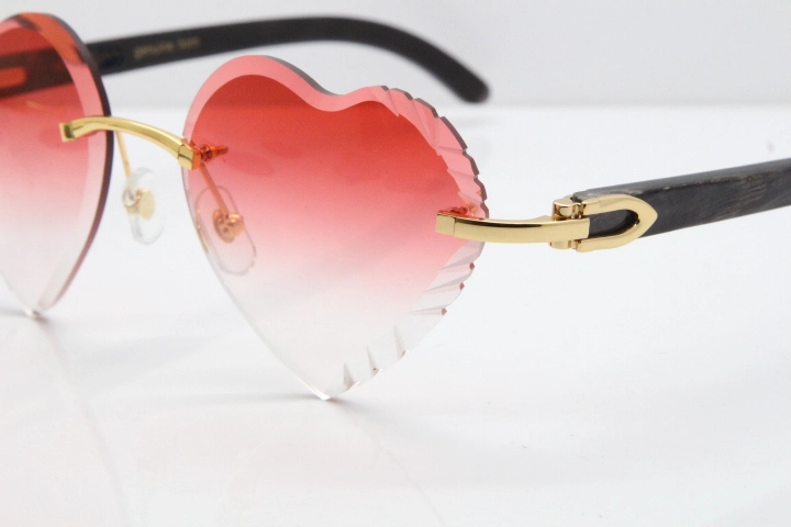 Cartier Rimless 3524012 Heart Original Black Flower Buffalo Horn Sunglasses in Gold Red Lens