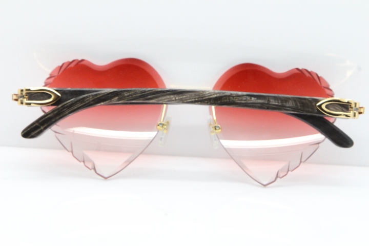 Cartier Rimless 3524012 Heart Original Black Flower Buffalo Horn Sunglasses in Gold Red Lens