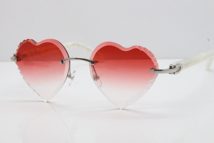 Cartier Rimless 3524012 Heart Marble White Aztec Sunglasses in Gold Red Lens