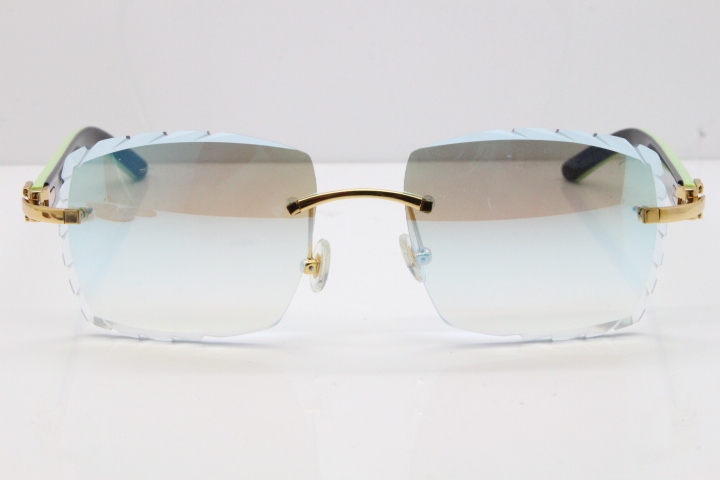 Cartier Rimless 8300816 Original Black Inside Green Aztec Sunglasses In Gold Blue Mirror Lens