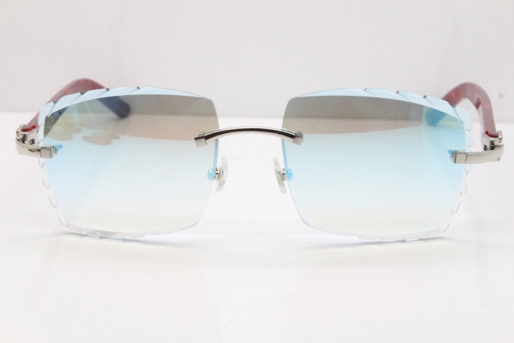 Cartier Rimless 8300816  Marble Red Aztec Sunglasses In Gold Blue Mirror Lens