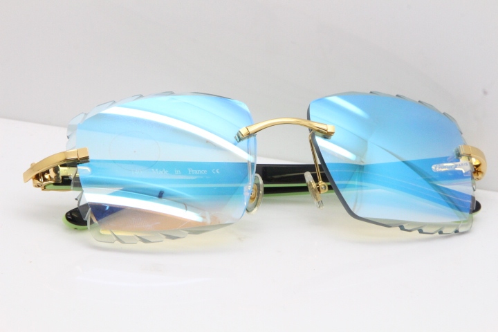 Cartier Rimless 8300816 Original Black Inside Green Aztec Sunglasses In Gold Blue Mirror Lens