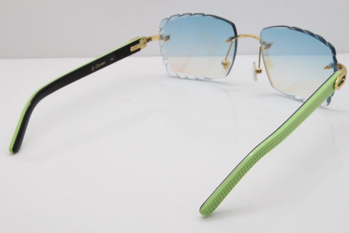 Cartier Rimless 8300816 Original Black Inside Green Aztec Sunglasses In Gold Blue Mirror Lens