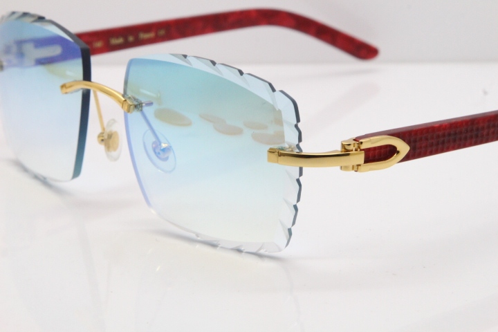 Cartier Rimless 8300816  Marble Red Aztec Sunglasses In Gold Blue Mirror Lens