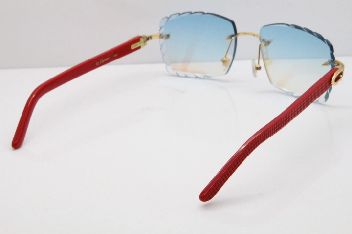 Cartier Rimless 8300816 Red Aztec Sunglasses In Gold Blue Mirror Lens