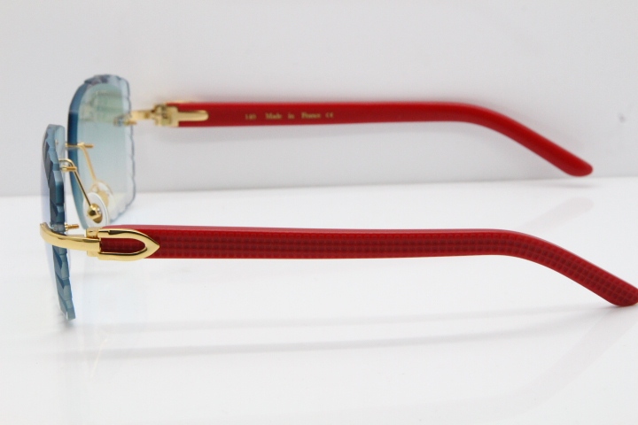 Cartier Rimless 8300816 Red Aztec Sunglasses In Gold Blue Mirror Lens