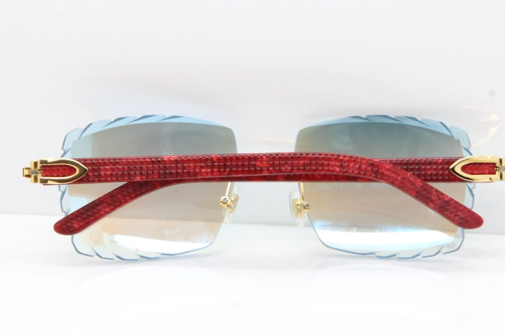 Cartier Rimless 8300816  Marble Red Aztec Sunglasses In Gold Blue Mirror Lens