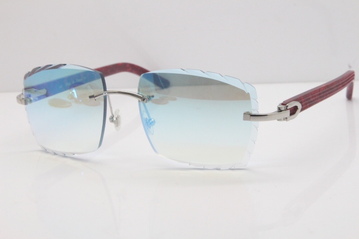 Cartier Rimless 8300816  Marble Red Aztec Sunglasses In Gold Blue Mirror Lens