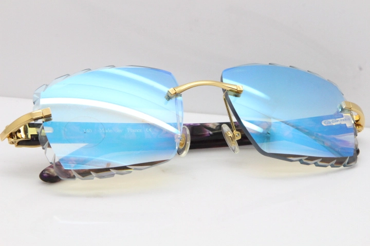 Cartier Rimless 8300816 Marble Purple Aztec Sunglasses In Gold Blue Mirror Lens