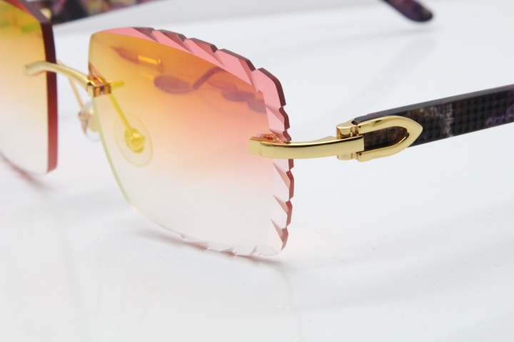 Cartier Rimless 8300816 Marble Purple Aztec Sunglasses In Gold Red Mirror Lens