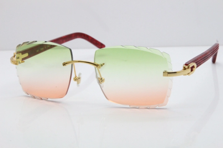 Cartier Rimless 8300816 Original Red Marble Aztec Sunglasses In Gold Mix Green Pink Lens