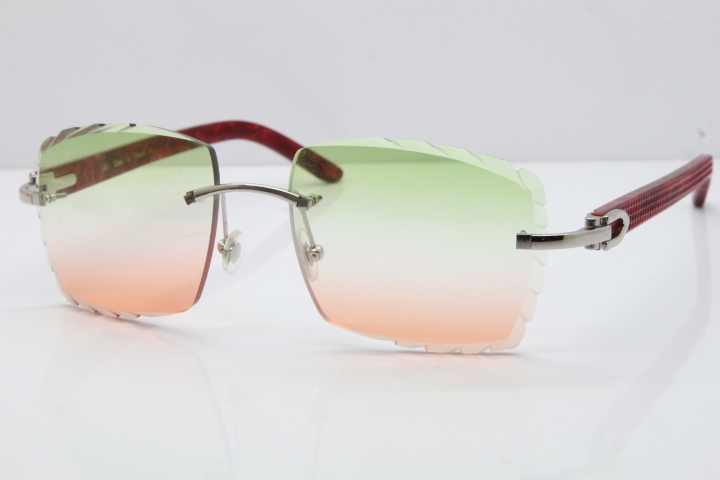 Cartier Rimless 8300816 Original Red Marble Aztec Sunglasses In Gold Mix Green Pink Lens