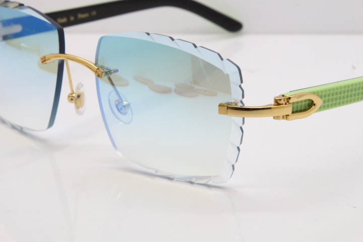 Cartier Rimless 8300816 Original Black Inside Green Aztec Sunglasses In Gold Blue Mirror Lens