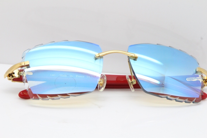 Cartier Rimless 8300816 Red Aztec Sunglasses In Gold Blue Mirror Lens