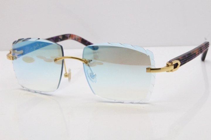 Cartier Rimless 8300816 Marble Purple Aztec Sunglasses In Gold Blue Mirror Lens