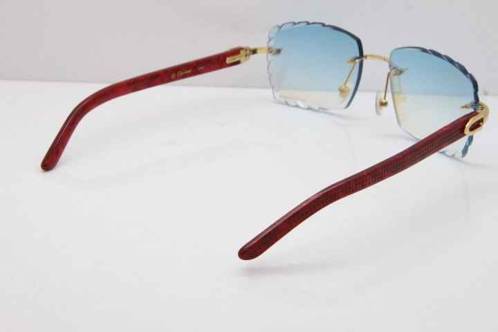 Cartier Rimless 8300816  Marble Red Aztec Sunglasses In Gold Blue Mirror Lens