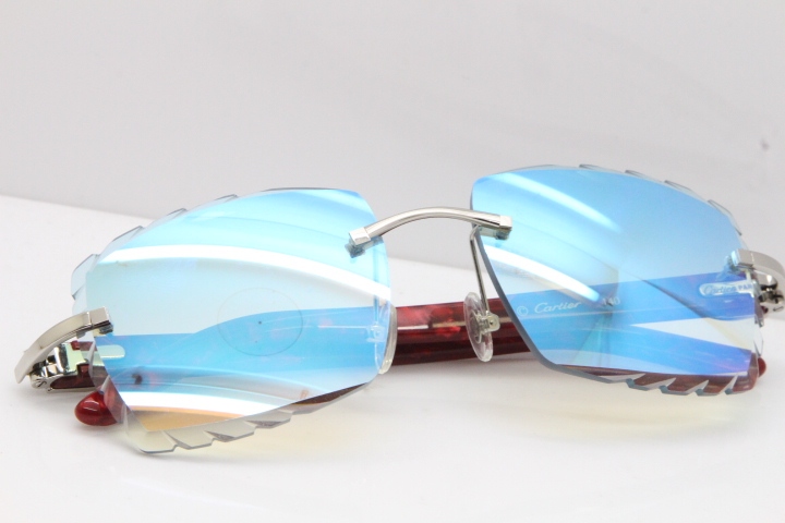 Cartier Rimless 8300816  Marble Red Aztec Sunglasses In Gold Blue Mirror Lens