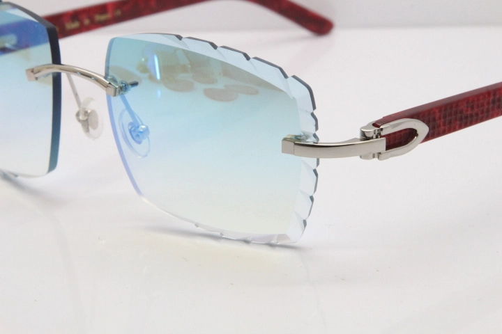 Cartier Rimless 8300816  Marble Red Aztec Sunglasses In Gold Blue Mirror Lens