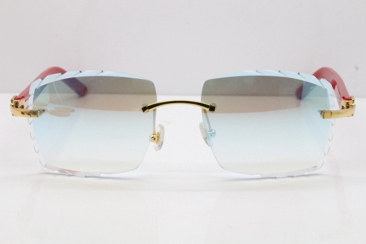 Cartier Rimless 8300816 Red Aztec Sunglasses In Gold Blue Mirror Lens