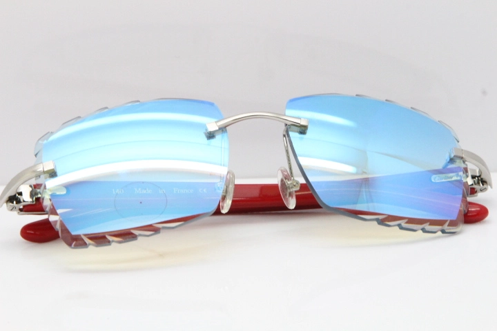 Cartier Rimless 8300816 Red Aztec Sunglasses In Gold Blue Mirror Lens