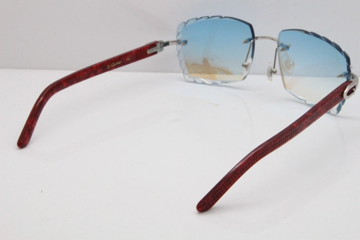 Cartier Rimless 8300816  Marble Red Aztec Sunglasses In Gold Blue Mirror Lens