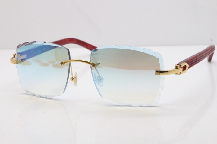 Cartier Rimless 8300816  Marble Red Aztec Sunglasses In Gold Blue Mirror Lens