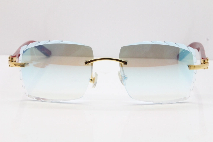 Cartier Rimless 8300816  Marble Red Aztec Sunglasses In Gold Blue Mirror Lens