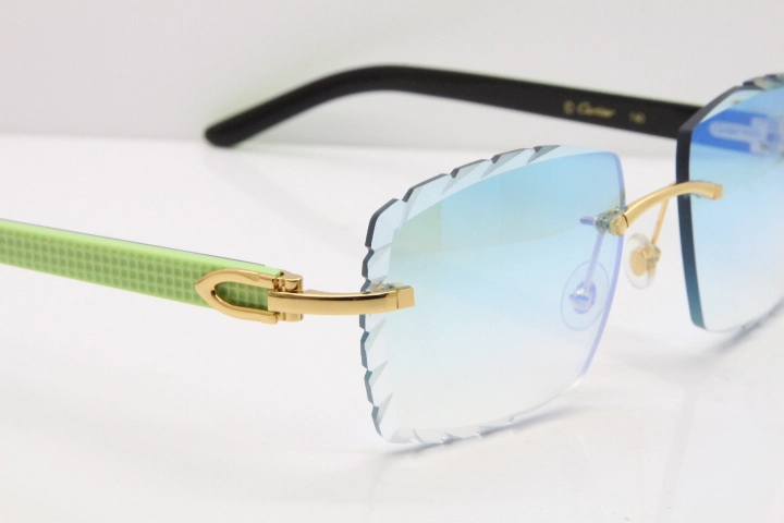 Cartier Rimless 8300816 Original Black Inside Green Aztec Sunglasses In Gold Blue Mirror Lens