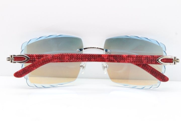 Cartier Rimless 8300816  Marble Red Aztec Sunglasses In Gold Blue Mirror Lens