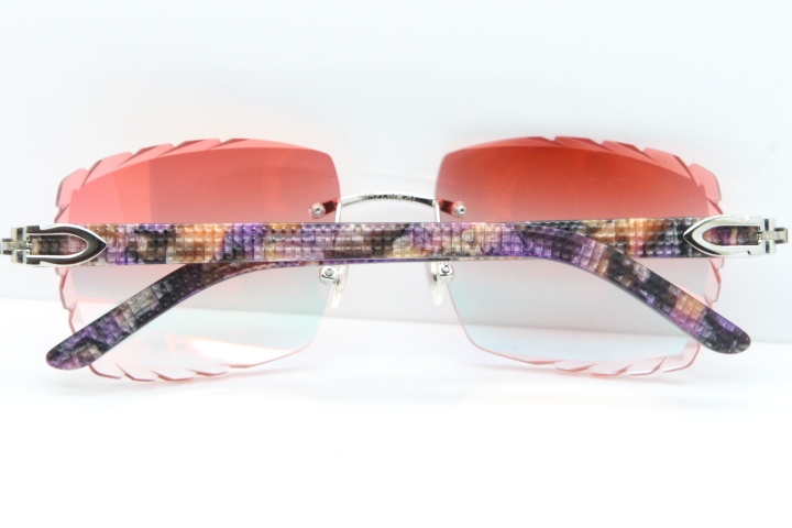 Cartier Rimless 8300816 Marble Purple Aztec Sunglasses In Gold Red Mirror Lens