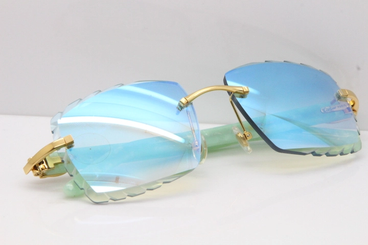 Cartier Rimless 8300816 Marble Green Aztec Sunglasses In Gold Blue Mirror Lens