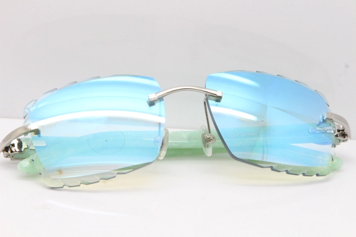 Cartier Rimless 8300816 Marble Green Aztec Sunglasses In Gold Blue Mirror Lens