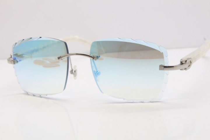 Cartier Rimless 8300816 Marble White Aztec Sunglasses In Gold Blue Mirror Lens