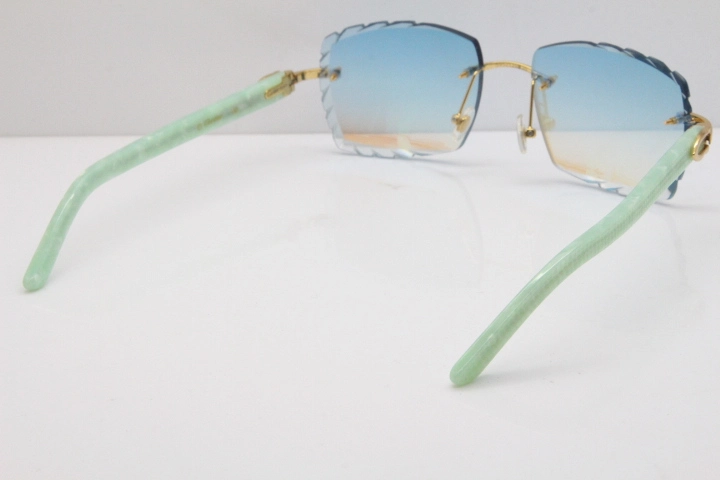 Cartier Rimless 8300816 Marble Green Aztec Sunglasses In Gold Blue Mirror Lens