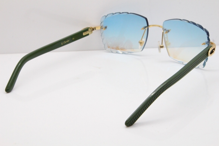 Cartier Rimless 8300816 Green Aztec Sunglasses In Gold Blue Mirror Lens