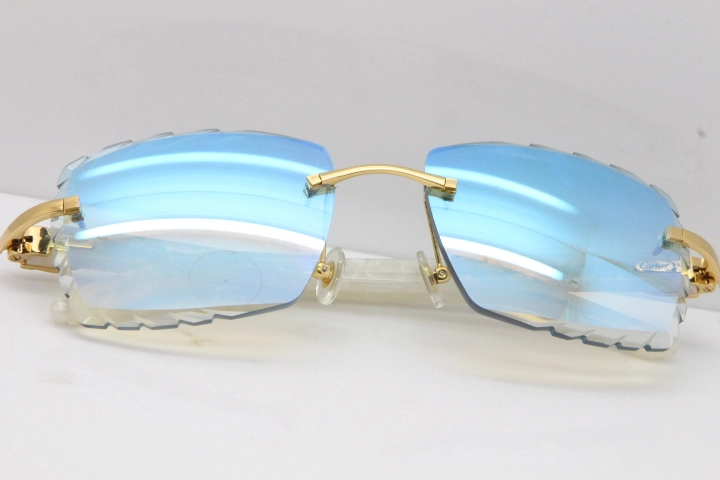 Cartier Rimless 8300816 Marble White Aztec Sunglasses In Gold Blue Mirror Lens