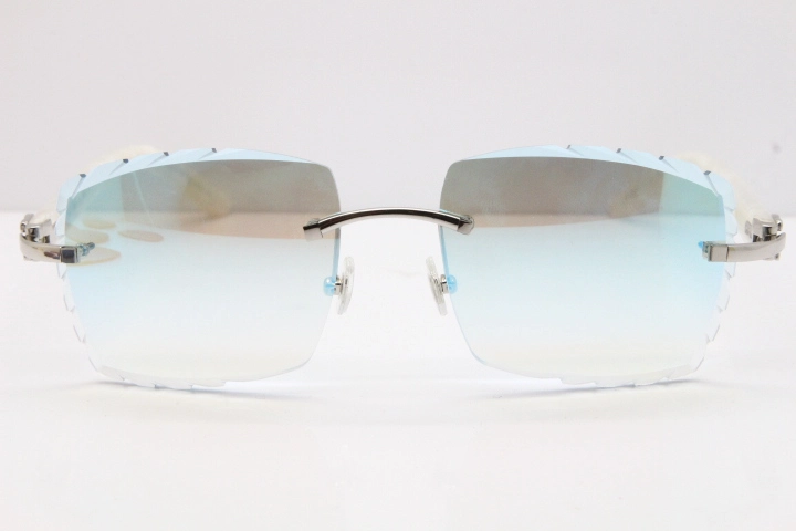 Cartier Rimless 8300816 Marble White Aztec Sunglasses In Gold Blue Mirror Lens