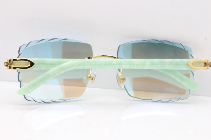 Cartier Rimless 8300816 Marble Green Aztec Sunglasses In Gold Blue Mirror Lens