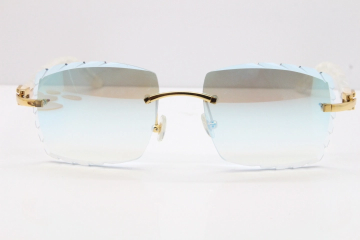 Cartier Rimless 8300816 Marble White Aztec Sunglasses In Gold Blue Mirror Lens