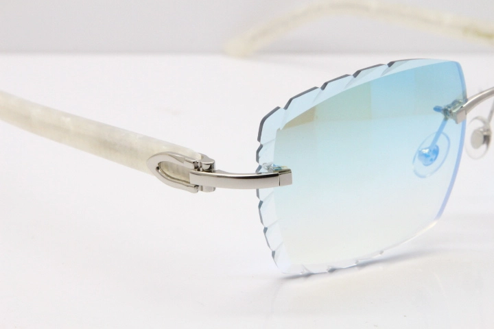 Cartier Rimless 8300816 Marble White Aztec Sunglasses In Gold Blue Mirror Lens