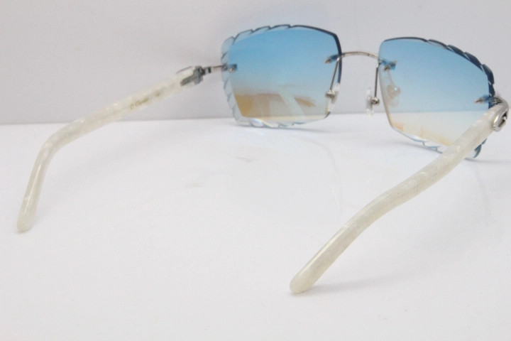 Cartier Rimless 8300816 Marble White Aztec Sunglasses In Gold Blue Mirror Lens