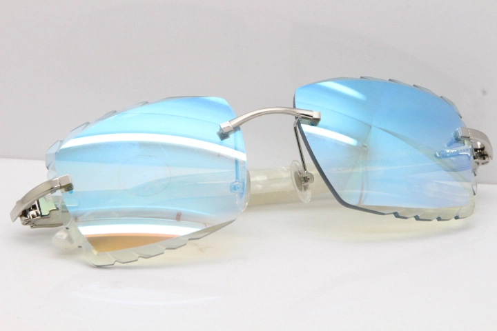 Cartier Rimless 8300816 Marble White Aztec Sunglasses In Gold Blue Mirror Lens