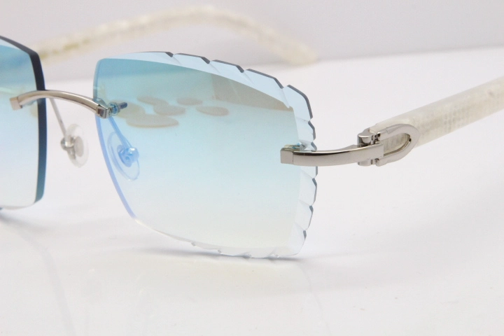 Cartier Rimless 8300816 Marble White Aztec Sunglasses In Gold Blue Mirror Lens