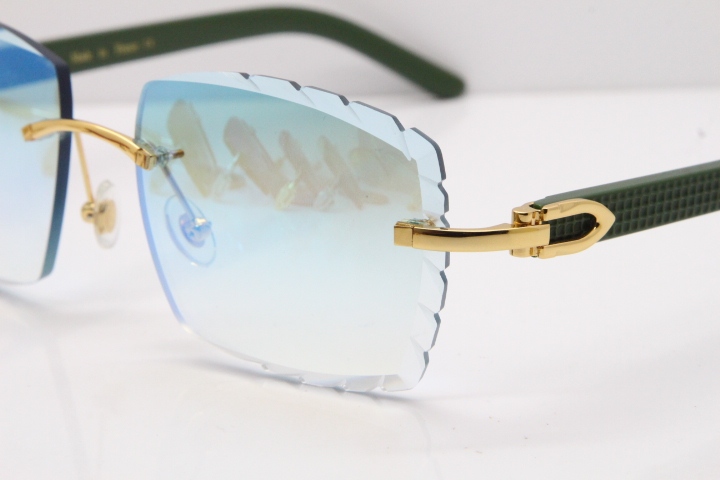 Cartier Rimless 8300816 Green Aztec Sunglasses In Gold Blue Mirror Lens