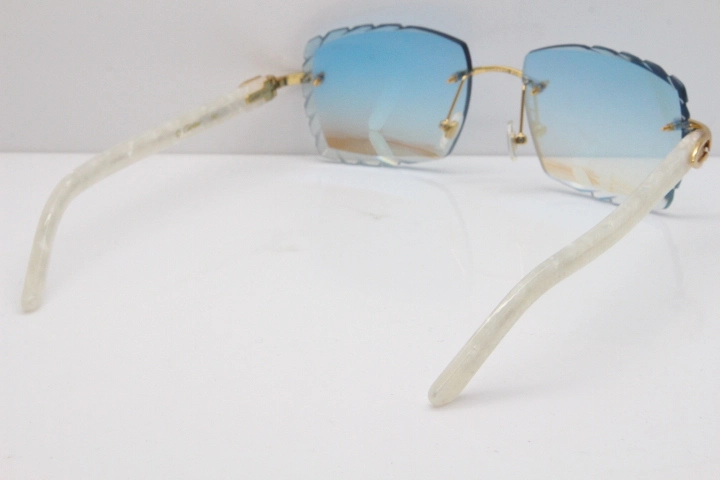 Cartier Rimless 8300816 Marble White Aztec Sunglasses In Gold Blue Mirror Lens